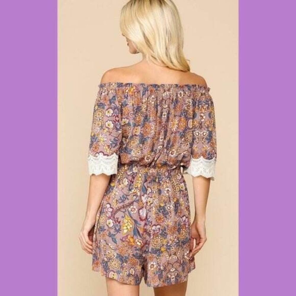 New GIGIO M 8 10 Pull-on Rayon Gauze Floral Lavender Crochet Sleeve Romper - Picture 2 of 7